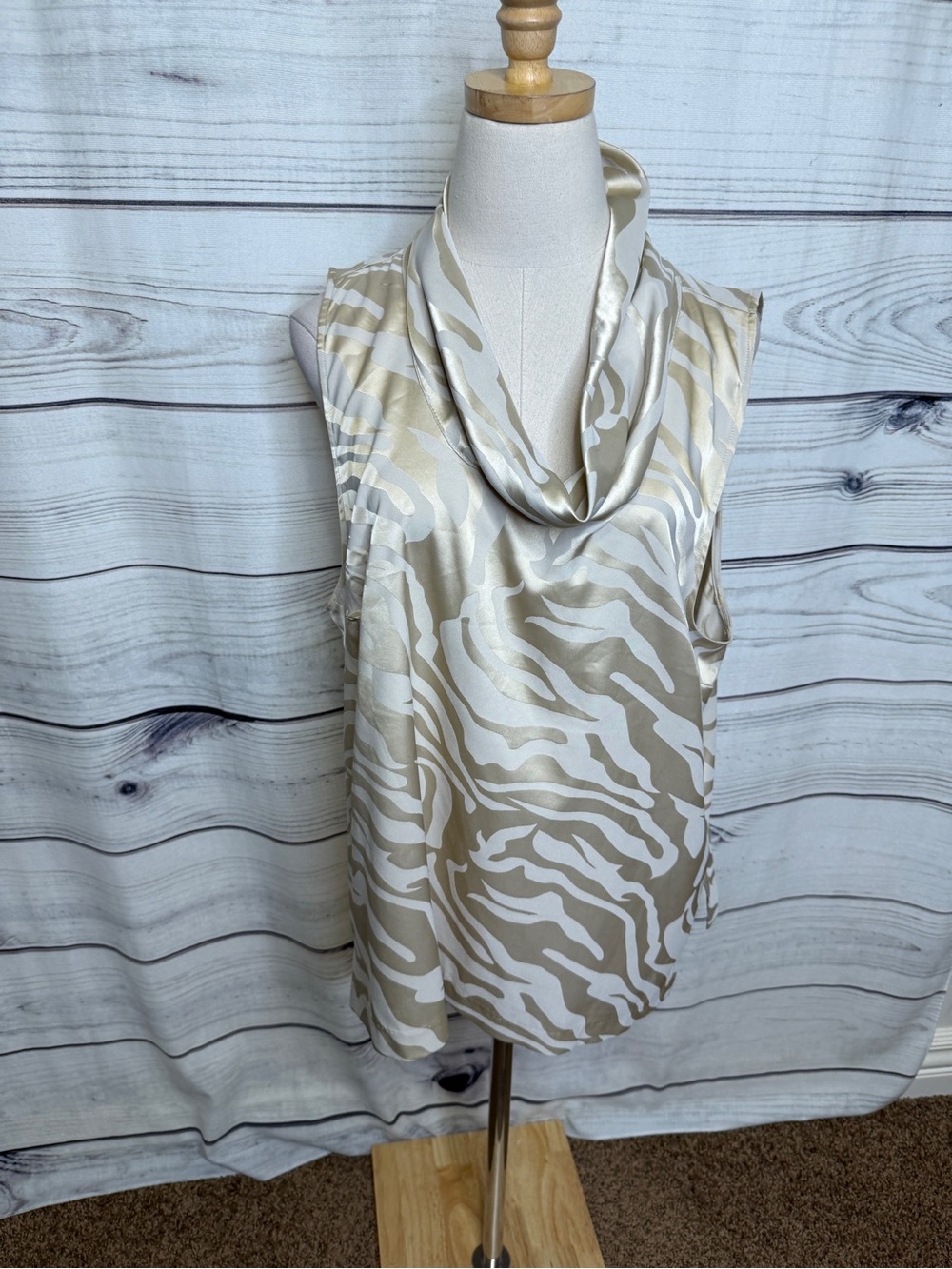 Vince Camuto Cream & Tan Zebra-Print Cowl-Neck Sleeveless Blouse